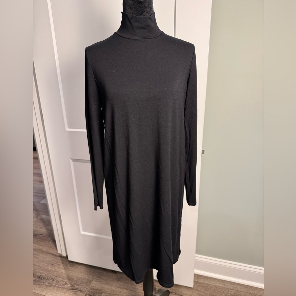 Eileen Fisher black long sleeve viscose dress turtle neck capsule wardrobe